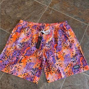 Vibrant Orange and Purple Swim Trunks with Elastic Waistband